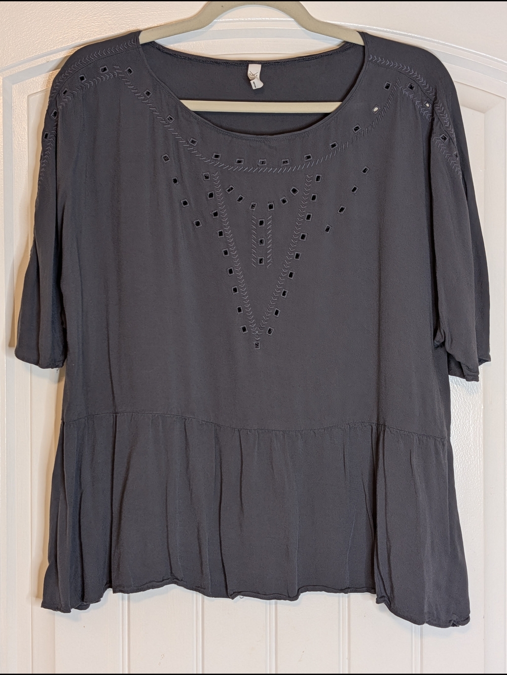 Gentle Fawn Charcoal Gray Cut Out Pattern Front Loose Fit Short Sleeve Shirt